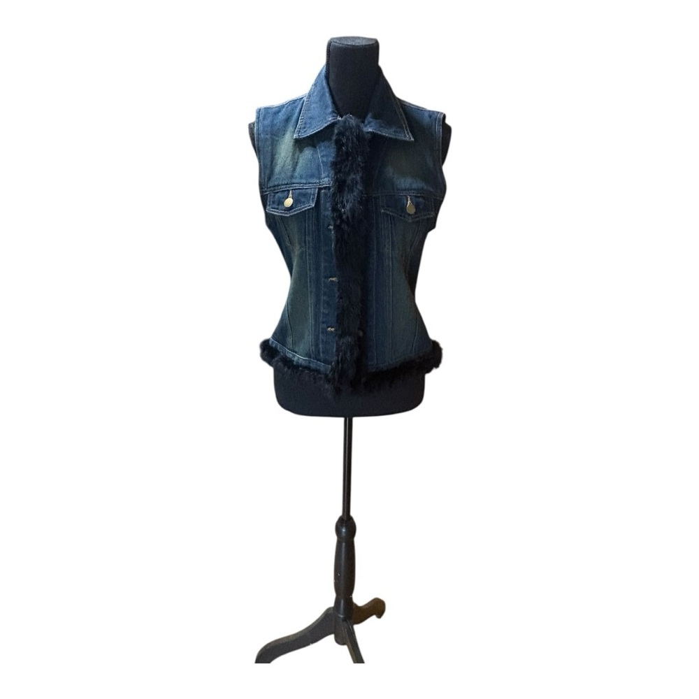 Mixit brand denim vest with fur trim. Size L - Picture 2 of 6